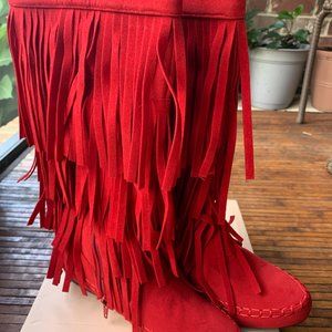 NEW Yoki Mudd-55 Fringe Flat Boots Moccasin Mid Calf BRIGHT RED Sz 6.5 Side Zip